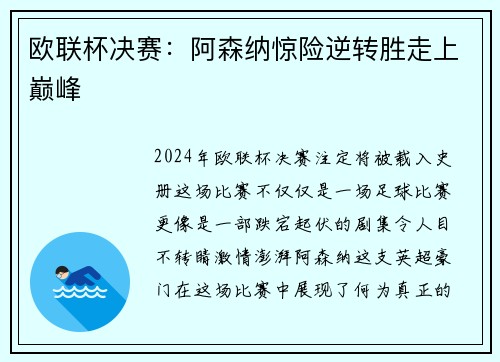 欧联杯决赛：阿森纳惊险逆转胜走上巅峰