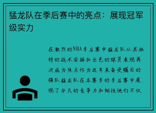 猛龙队在季后赛中的亮点：展现冠军级实力